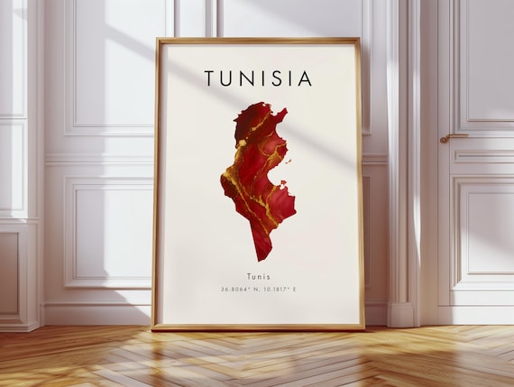 Tunisia Map Poster Red And Gold Africa Wall Art Print Home Decor Geography Gift Wallpaper