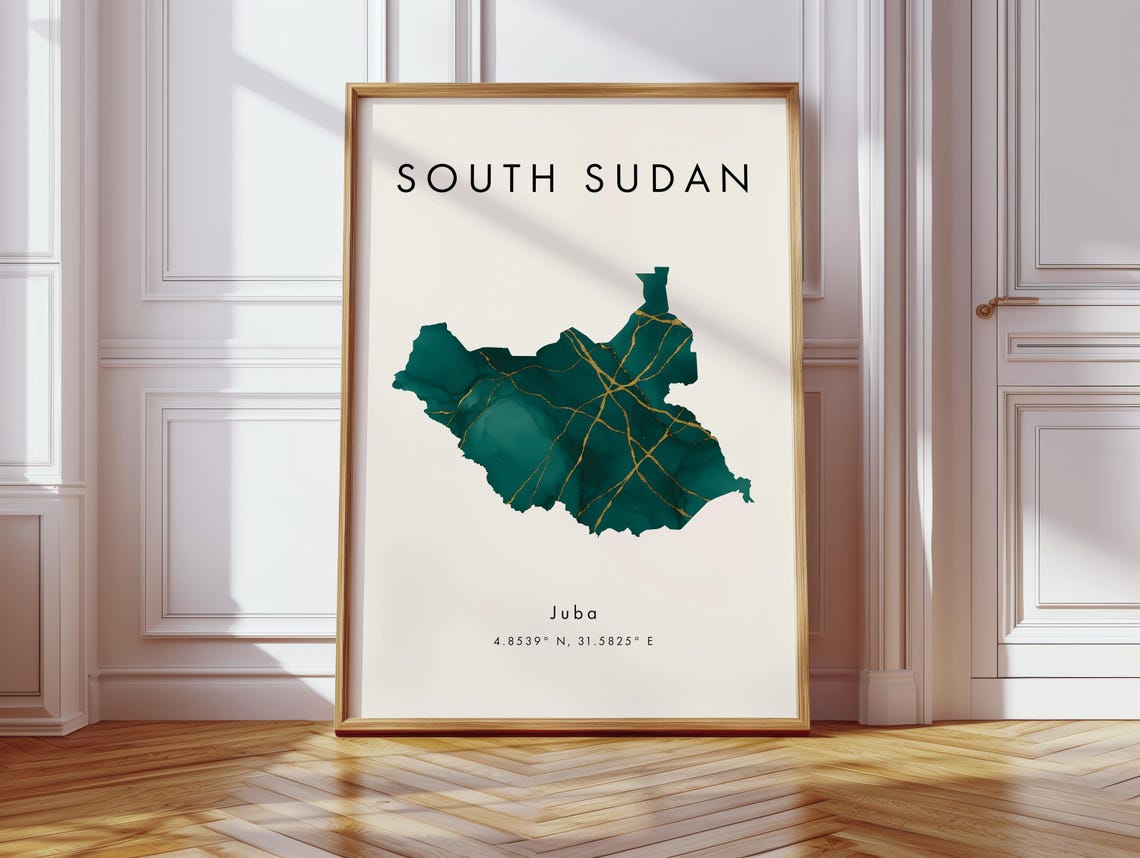 South Sudan Map Art Poster Green Marble with Gold Veins and Juba City