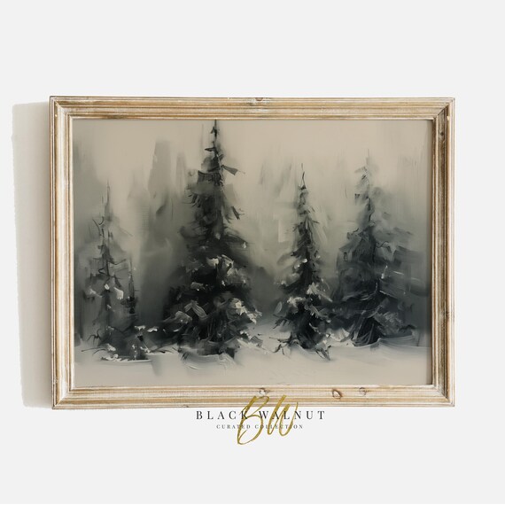 Winter Trees Art Print Rustic Christmas Tree Vintage Landscape Wall Art Dark Moody Green Fir Trees Painting