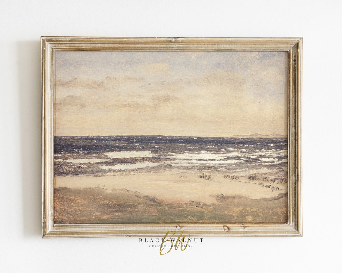 Warm Neutral Seascape Ocean Waves Sandy Shore Vintage Art Poster