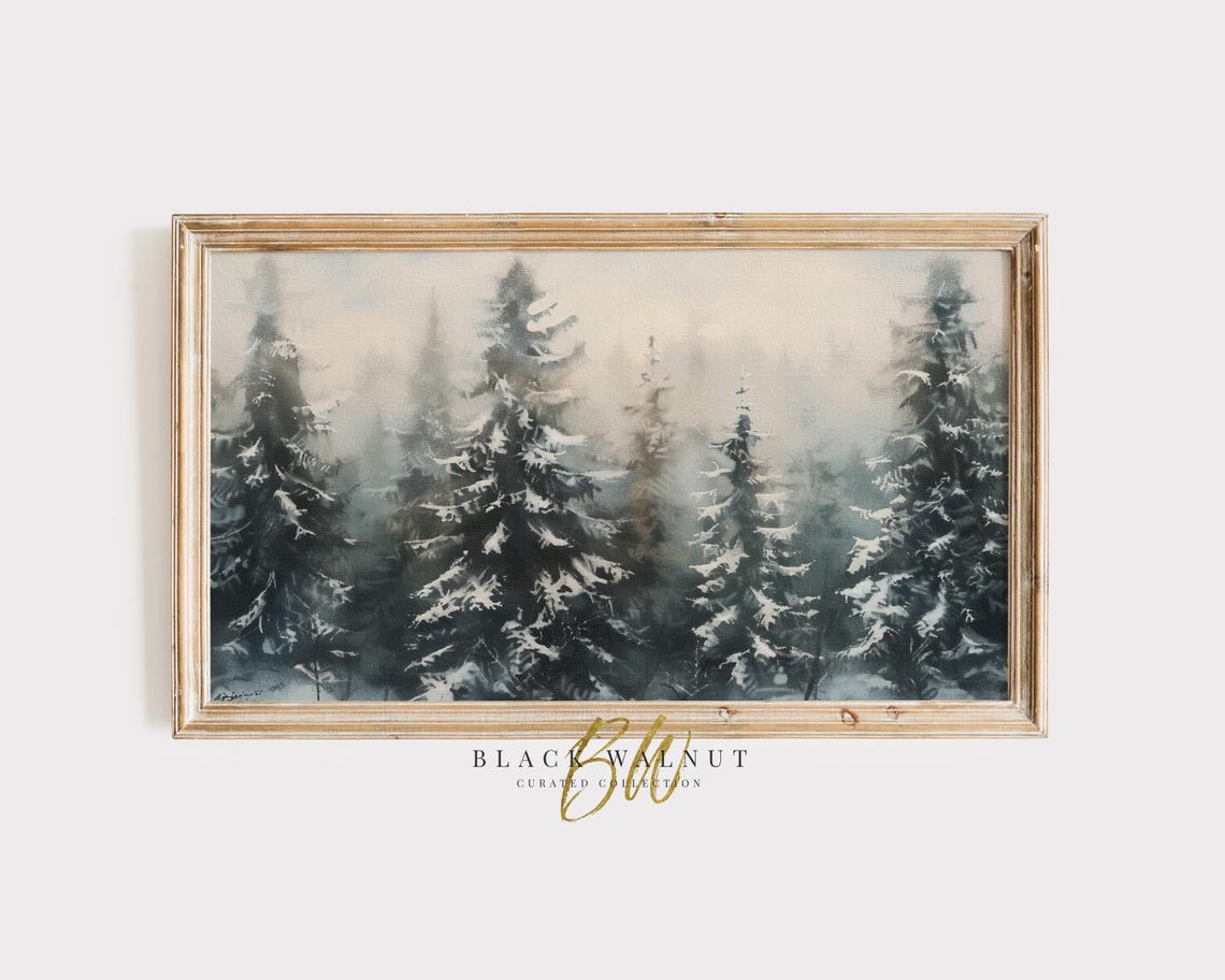 Snow Covered Evergreen Trees Painting Winter Forest Serene Wall Art