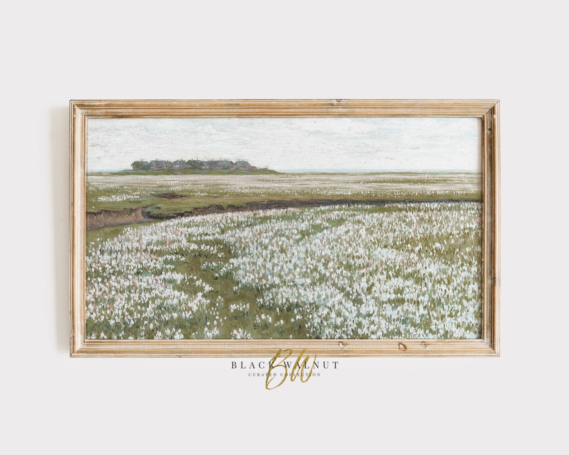 Frame Tv Art Vintage Spring Field With White Flowers Meadow Antique Oil Painting French Country Farmhouse Decor