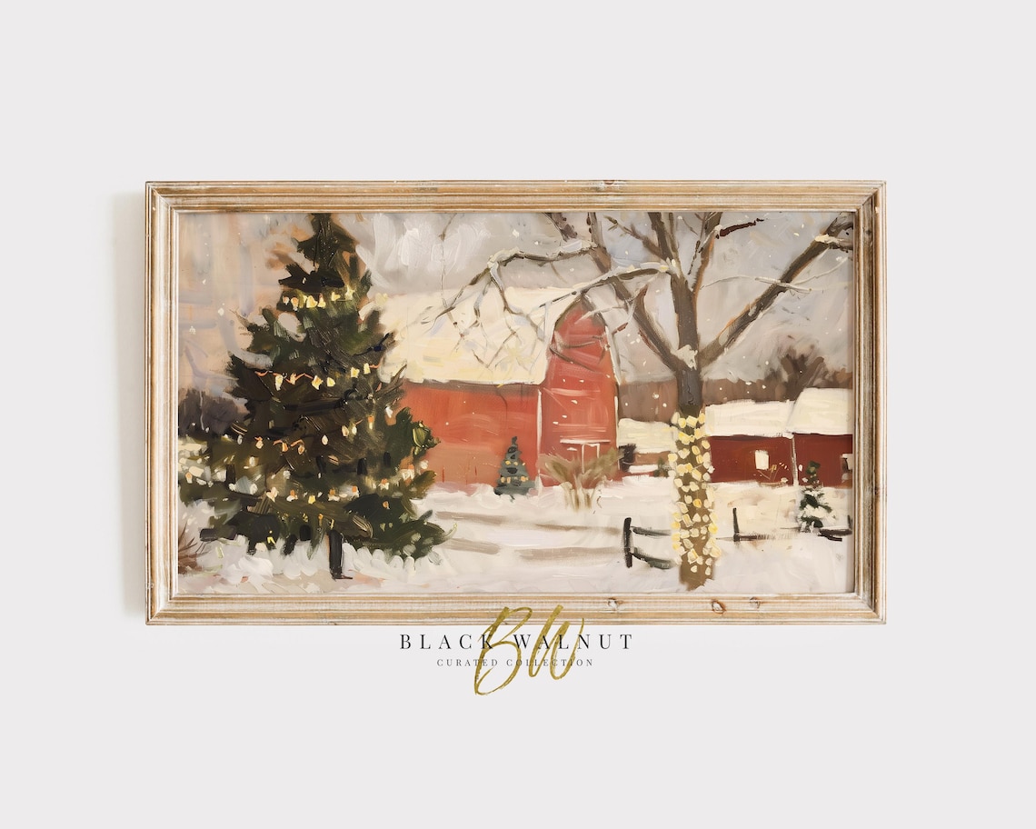 Red Barn Christmas Tree Lights Snowy Farm Winter Painting Art Poster