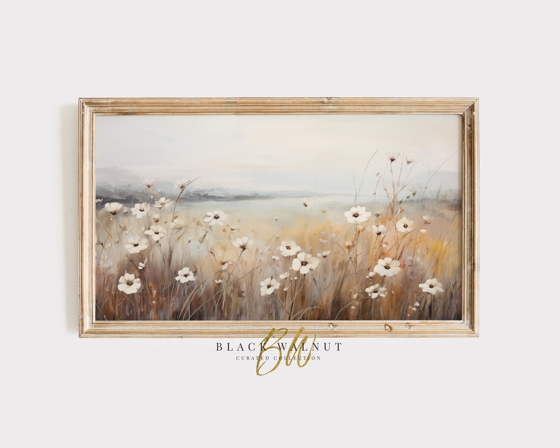 White Wildflowers Golden Meadow Lake View Summer Landscape Art Print