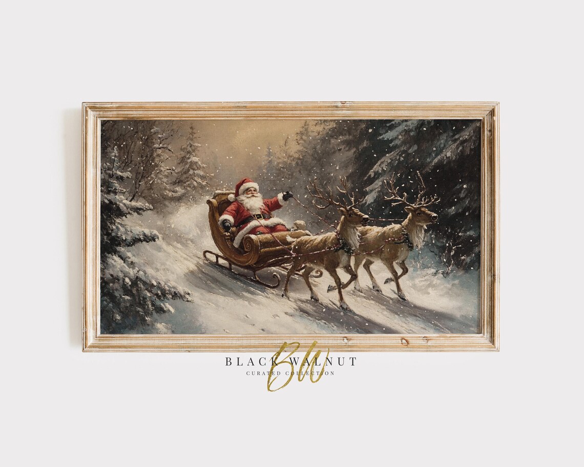 Vintage Santa Sleigh Reindeer Snowy Forest Christmas Painting Poster