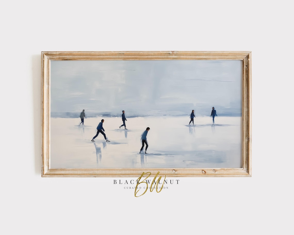 Ice Skaters On Frozen Pond Minimalist Blue Winter Landscape Art Poster