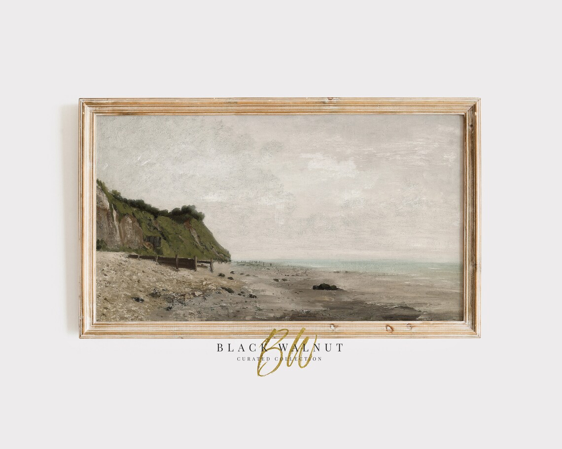 Grey Seaside Beach Cliffs Muted Coastal Landscape Vintage Painting Poster