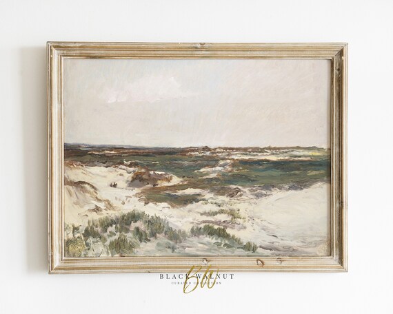 Muted Sage Green Coastal Dunes Antique Oil Painting Landscape Poster