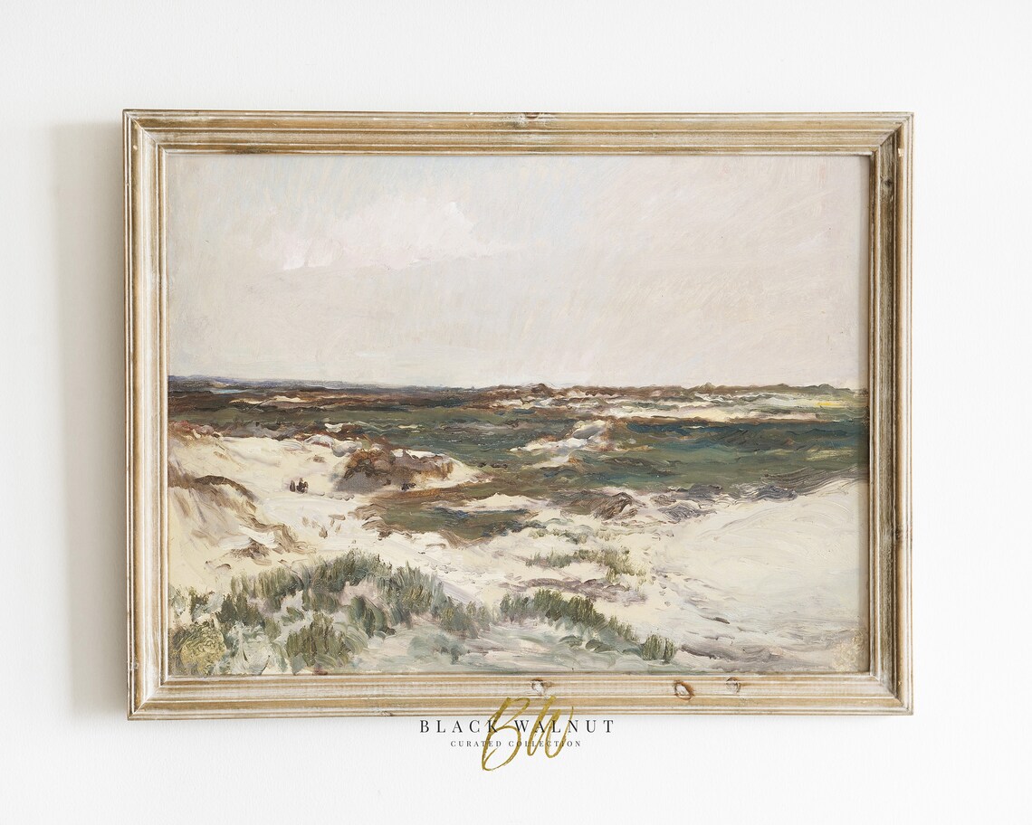 Muted Sage Green Coastal Dunes Antique Oil Painting Landscape Poster