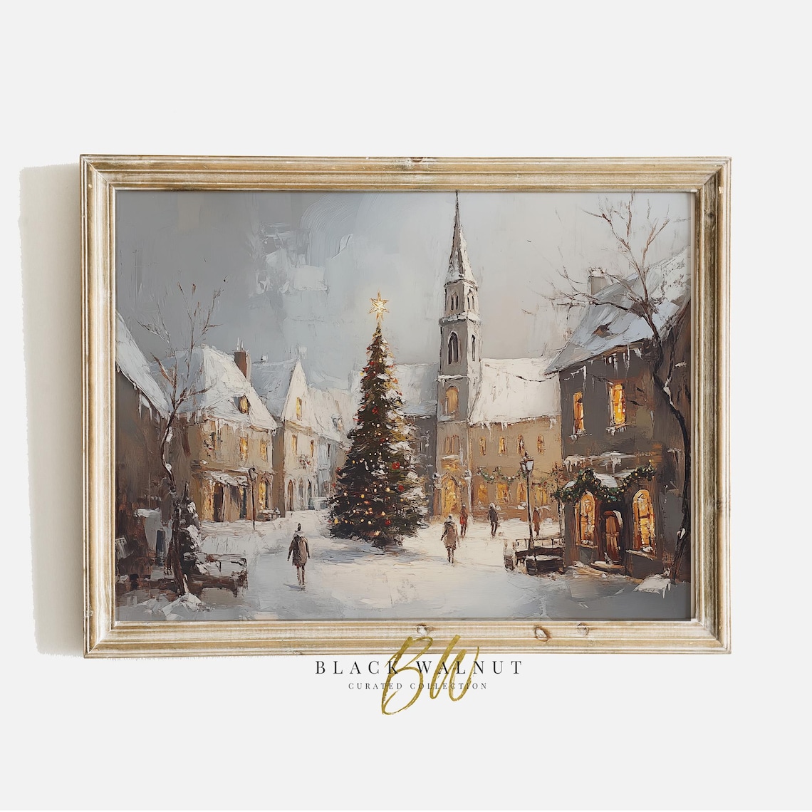 European Village Square Winter Church Steeple Christmas Tree Poster