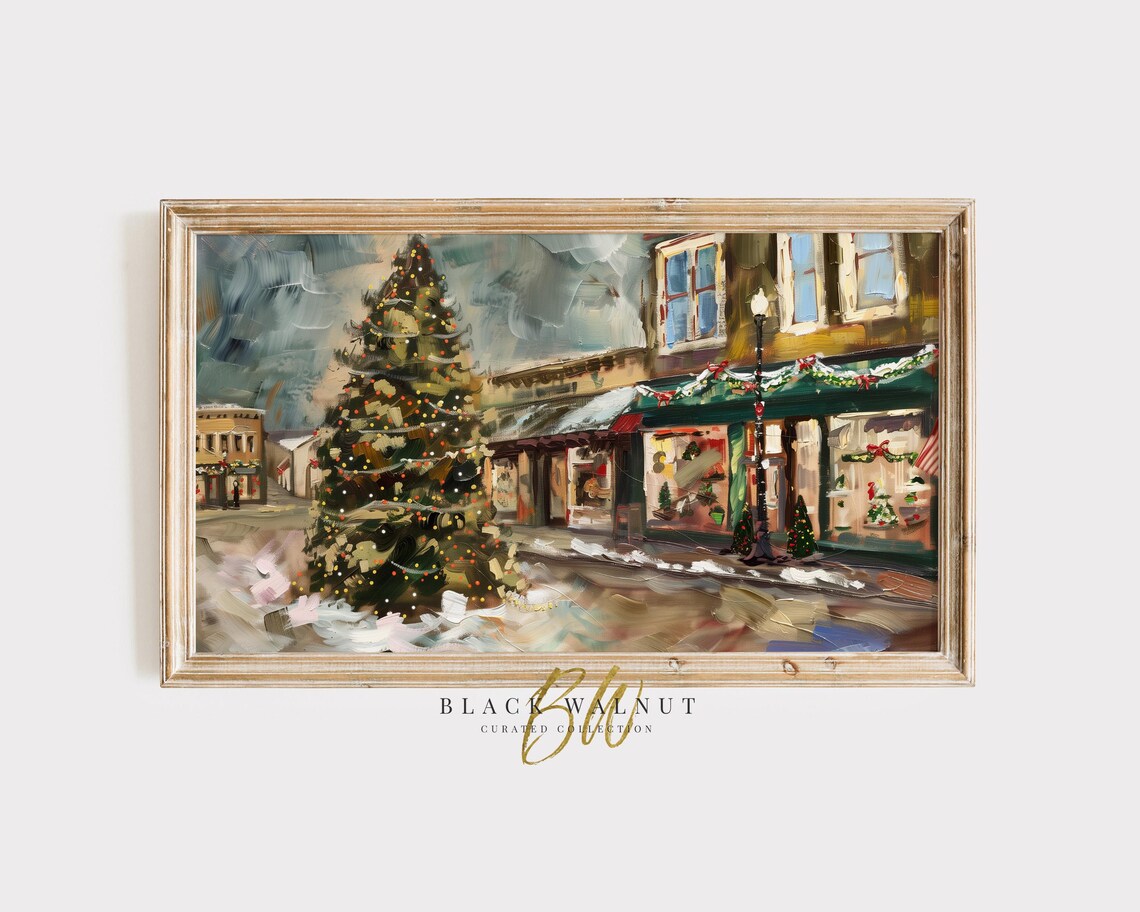 Abstract Small Town Main Street Lit Christmas Tree Holiday Poster