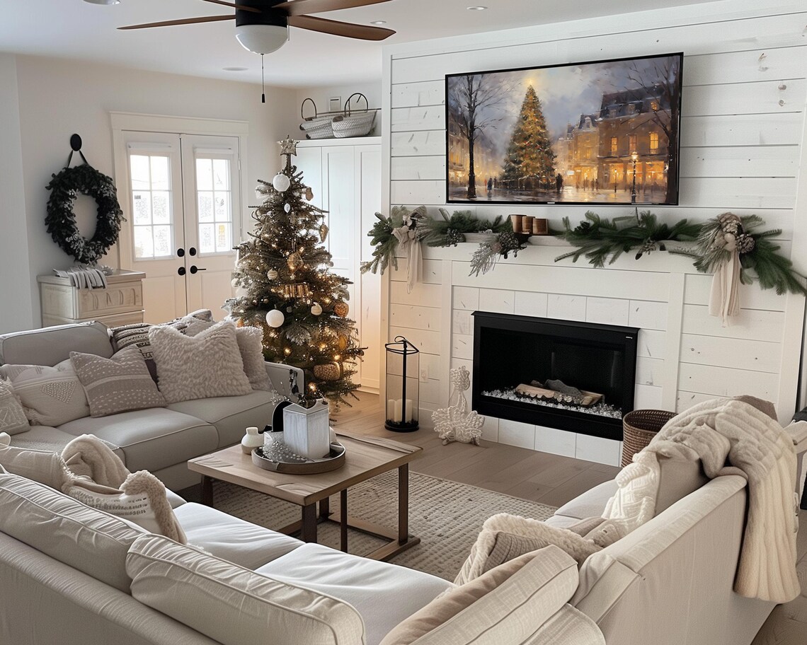 Frame Tv Art Christmas Tree In Vintage Village Winter Painting Cityscape Winter Scene Christmas Decor Holiday Tv Art - Image 2