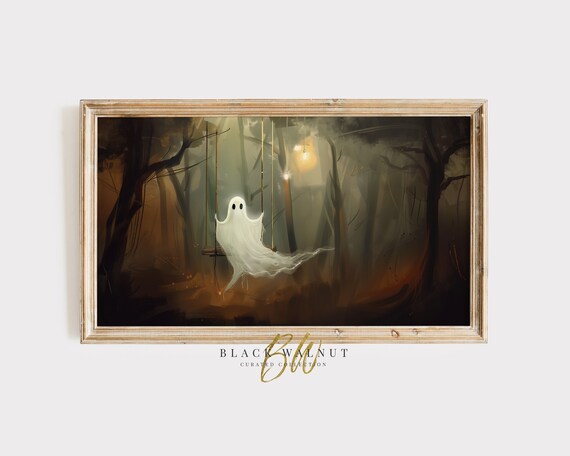 Cute Ghost On Swing In Dark Forest Painting Spooky Halloween Wall Art