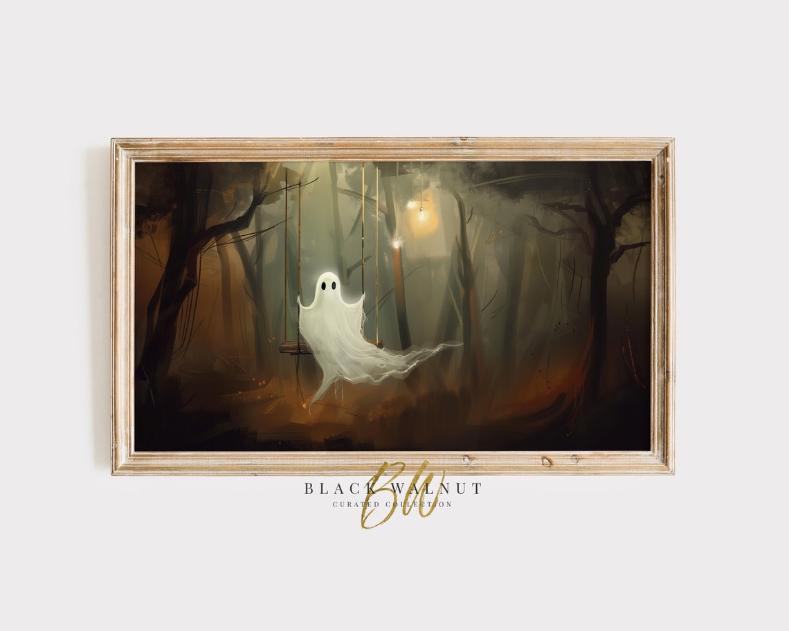 Cute Ghost On Swing In Dark Forest Painting Spooky Halloween Wall Art