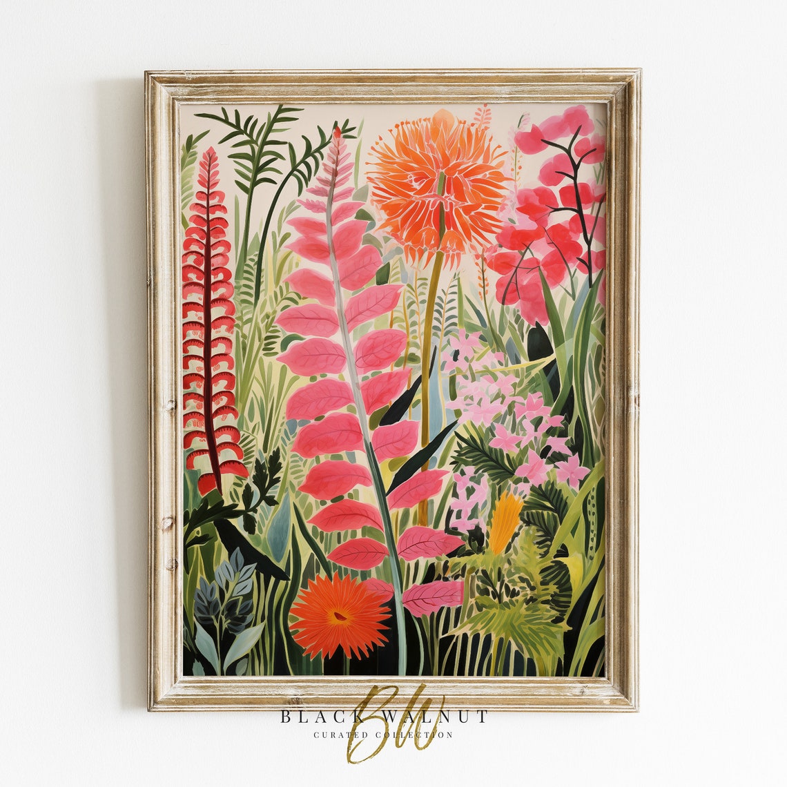 Vivid Red Orange Exotic Flowers Modern Botanical Maximalist Wall Art