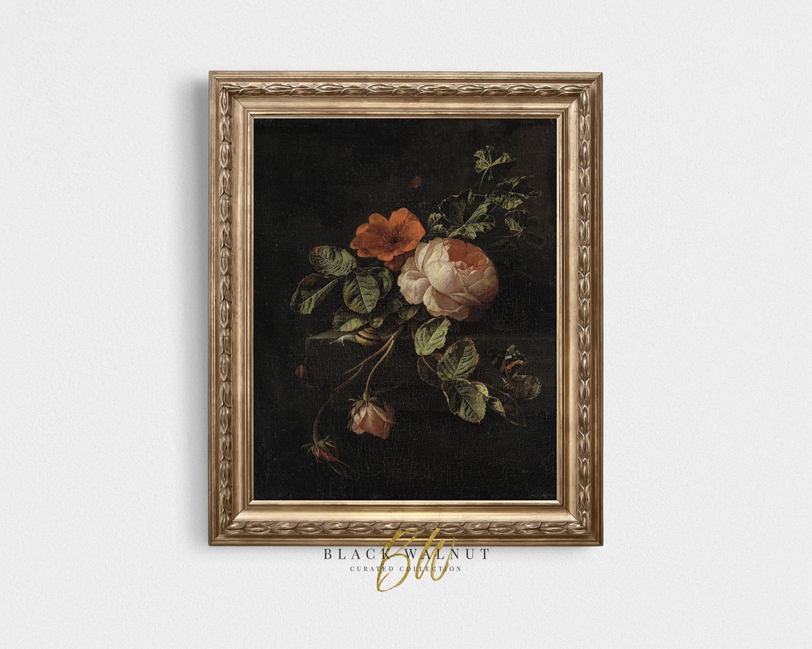 Vintage Floral Painting Moody Wall Art Print Pink Flowers Still Life Antique Oil Painting Horizontal Wall Art Dark Academia Art