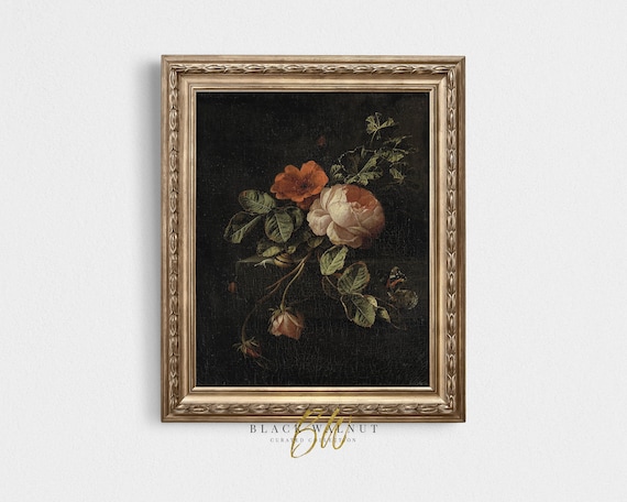 Vintage Floral Painting Moody Wall Art Print Pink Flowers Still Life Antique Oil Painting Horizontal Wall Art Dark Academia Art