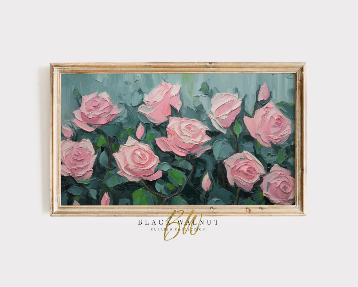 Textured Pink Roses Painting Impasto Style Vibrant Rose Bush Wall Art