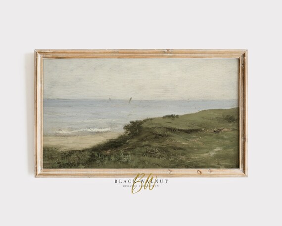 Green Coastal Hills Overlooking Hazy Sea Distant Sailboats Muted Oil Poster