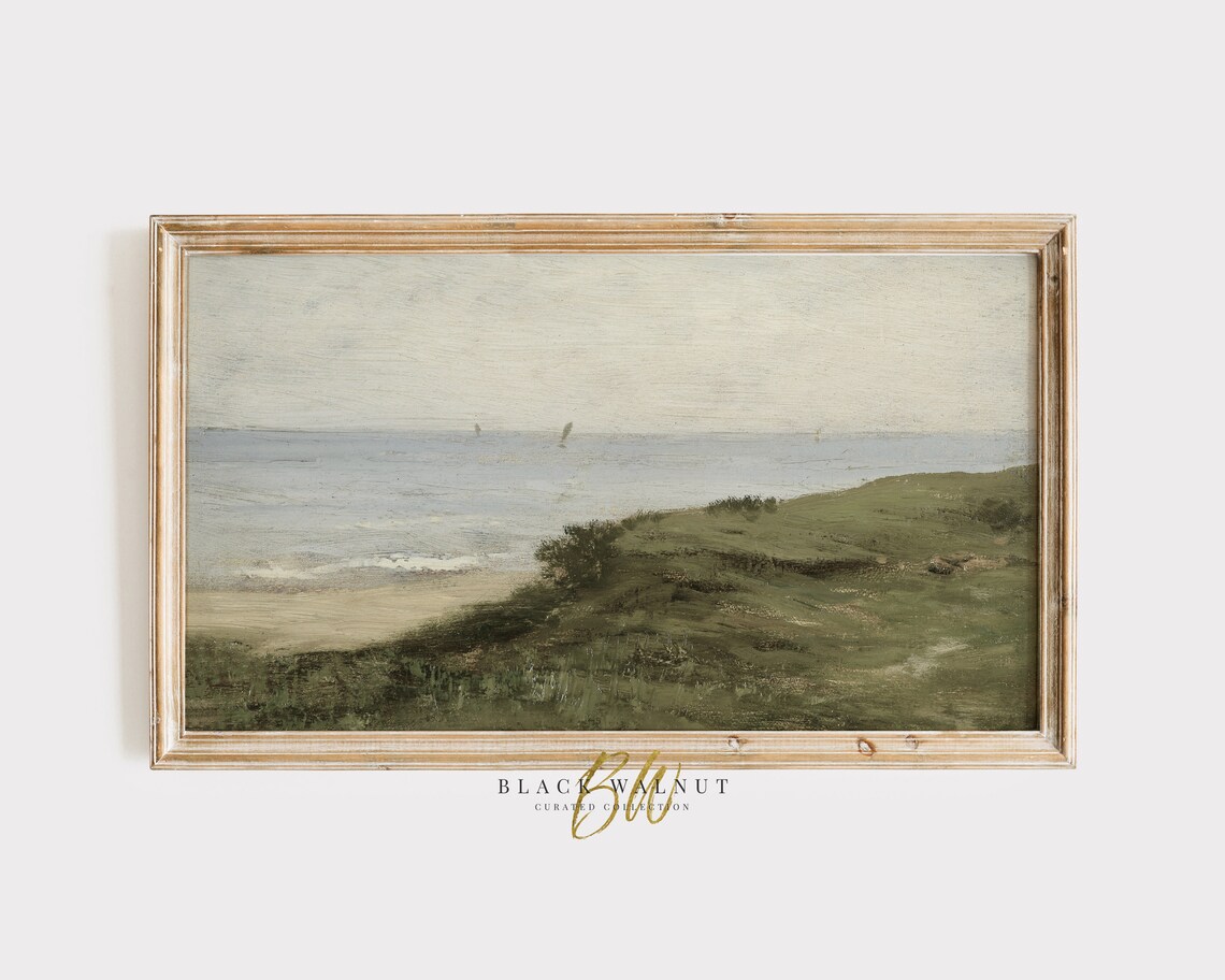 Green Coastal Hills Overlooking Hazy Sea Distant Sailboats Muted Oil Poster