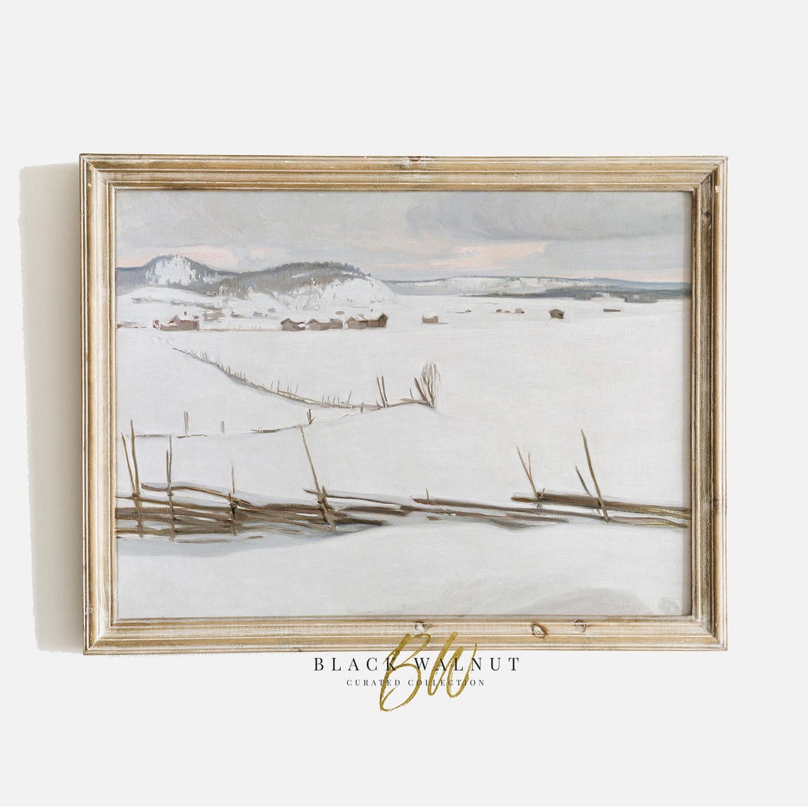 Snowy Scandinavian Winter Village Cabins Vintage Landscape Wall Art