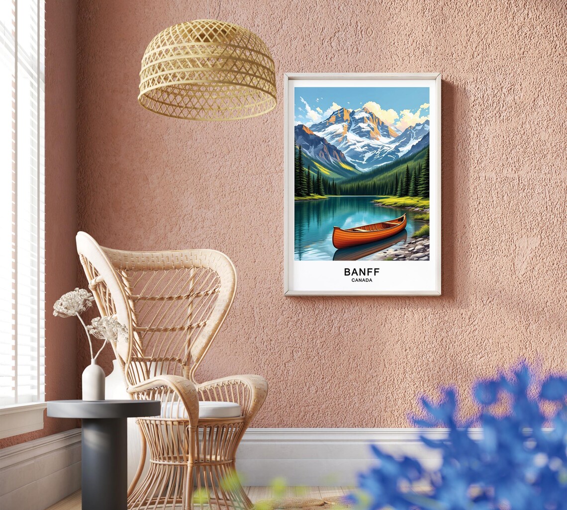 Banff Canada Red Canoe Turquoise Lake Snowy Rocky Mountain Poster - Image 2