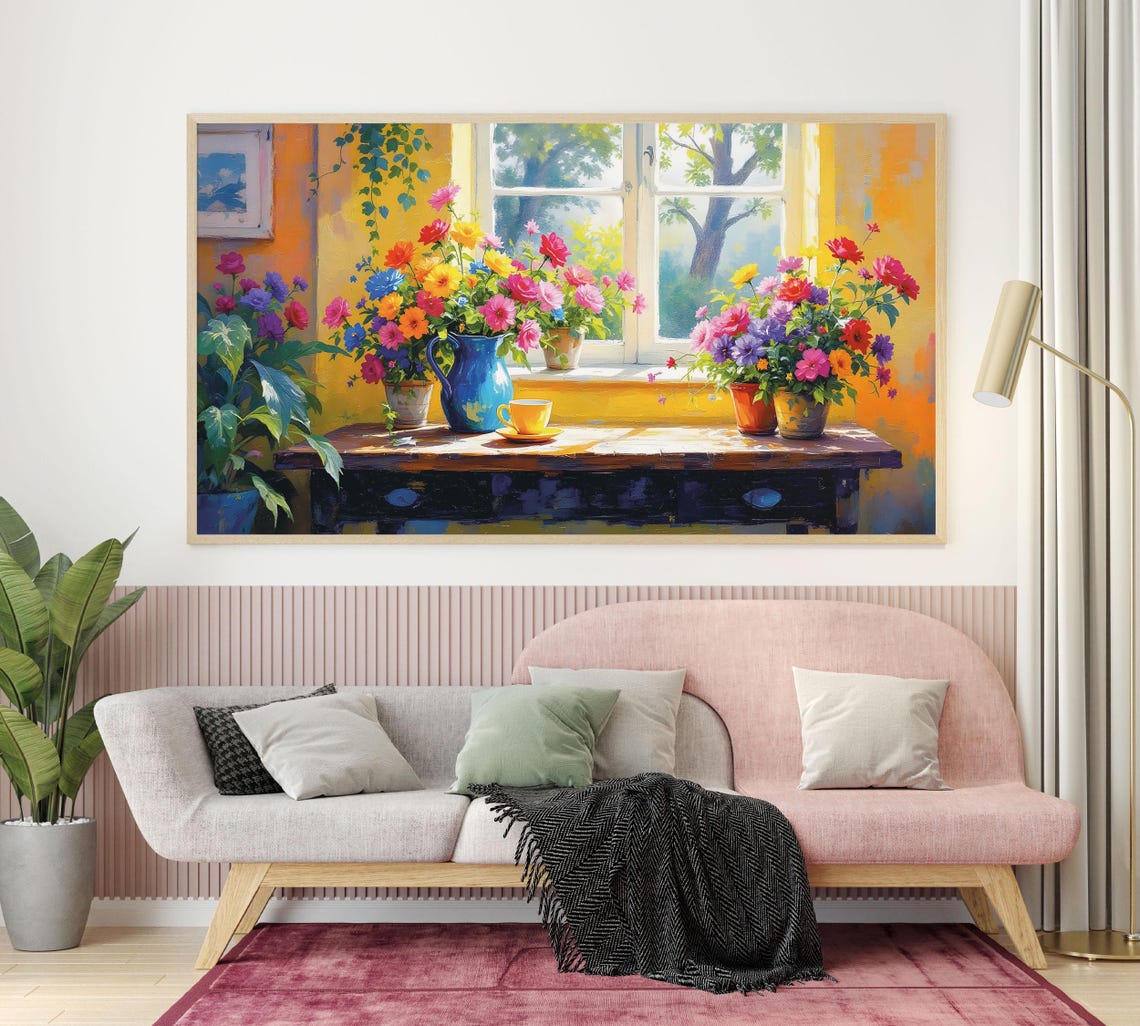 Vibrant Table With Yellow Cup And Blue Pitcher Tv Art Colorful Interior Scene Perfect Home Decor Gift Portrait - Image 4