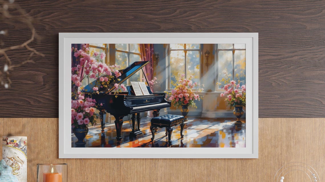 Grand Piano Pink Flowers Sunlit Music Room Elegant Wall Art Print - Image 5