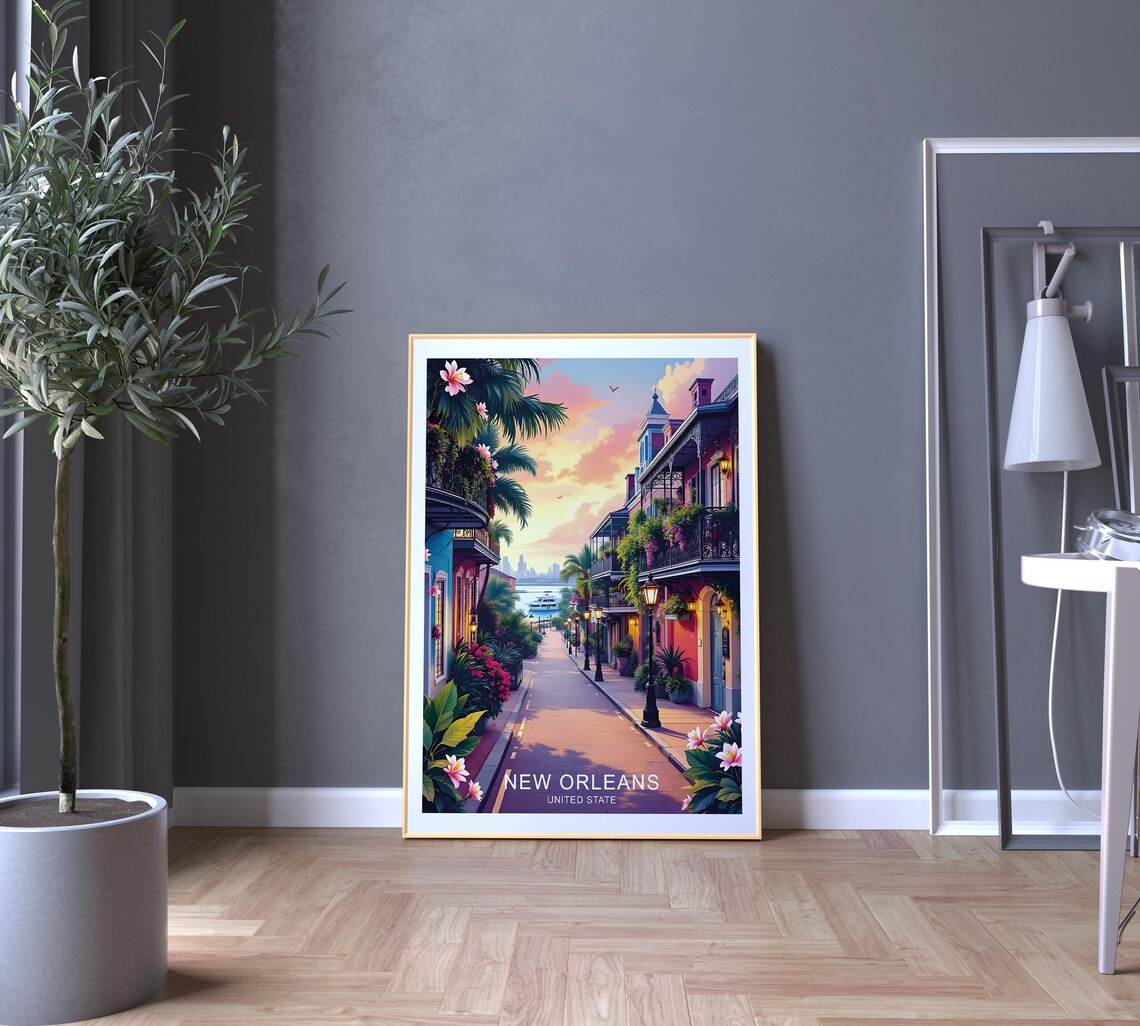 New Orleans French Quarter Balcony Palm Sunset Street Travel Poster - Image 5