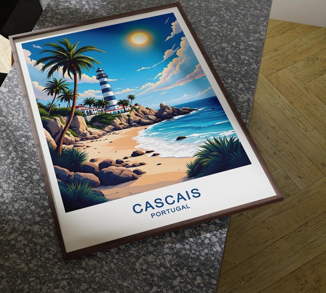 Cascais Portugal Lighthouse Rocky Beach Palm Trees Ocean Sunset View Poster - Image 4