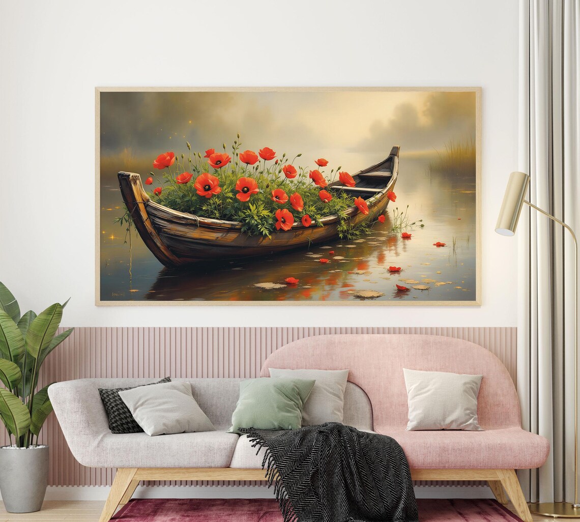Wooden Boat Full of Red Poppies Misty Lake Oil Painting Wall Art - Image 3