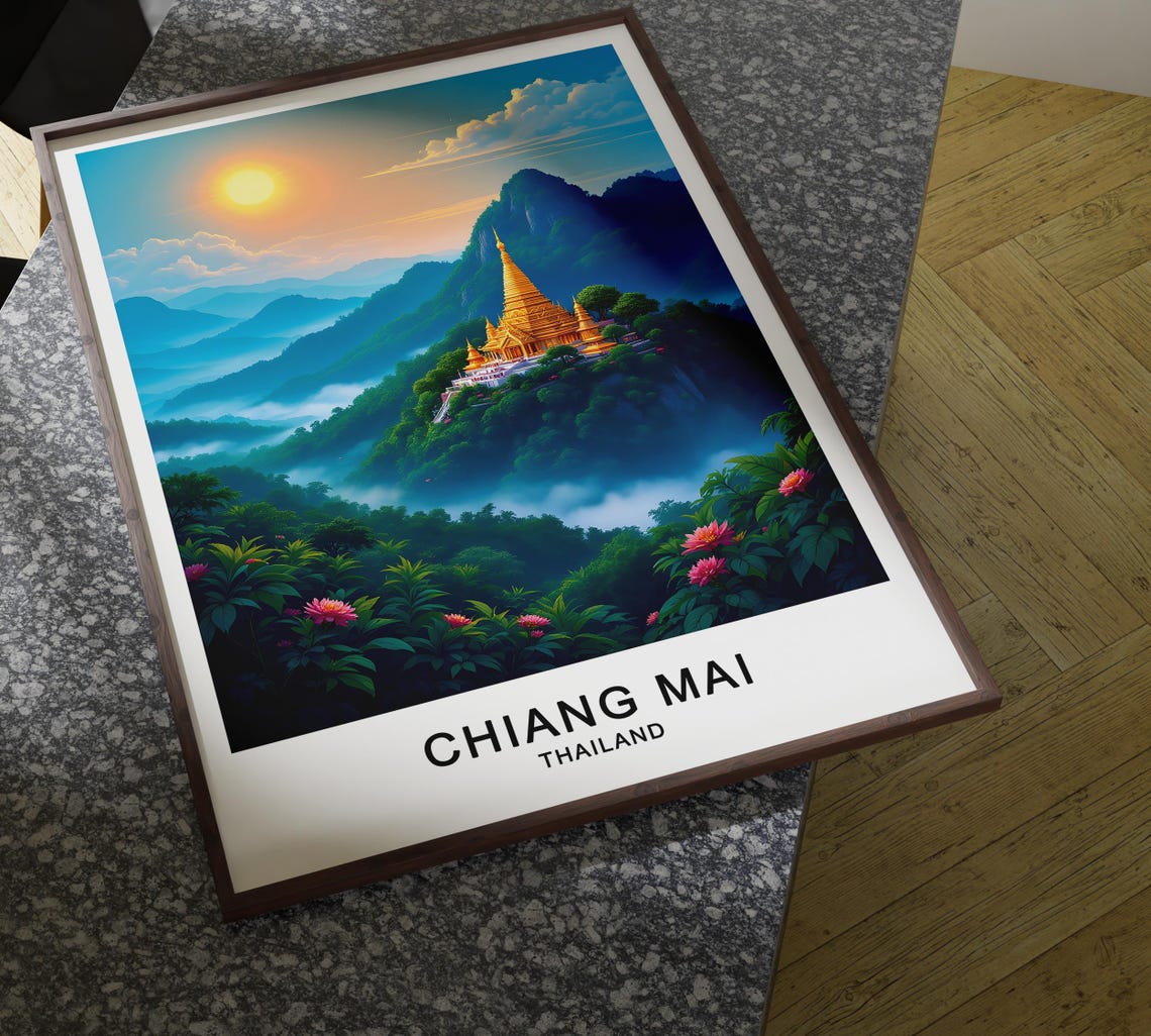 Chiang Mai Thailand Golden Mountain Temple Misty Sunrise Poster - Image 4