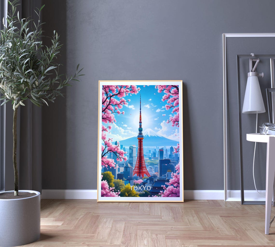 Tokyo Japan Red Tokyo Tower Mount Fuji Cherry Blossom City View Poster - Image 5
