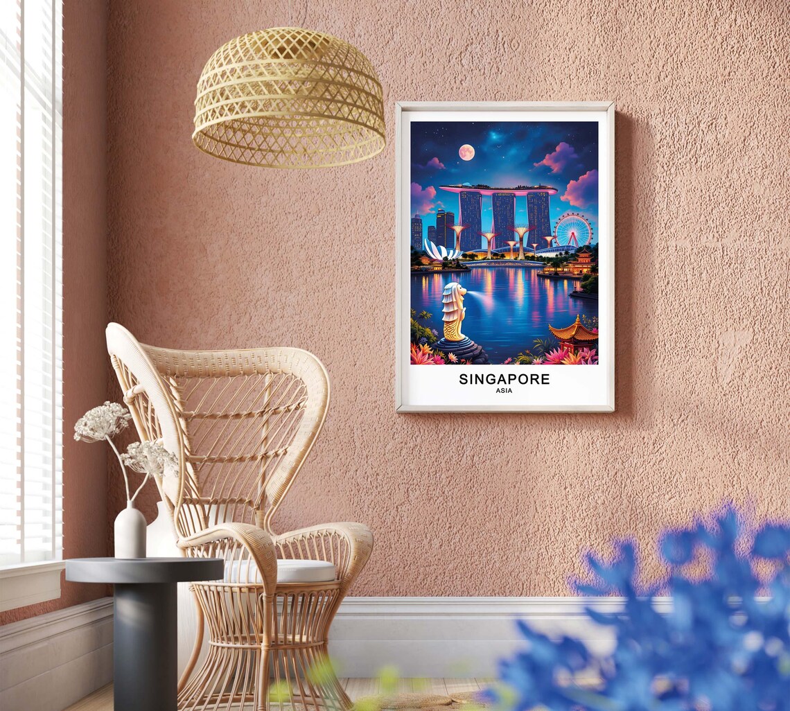 Singapore Marina Bay Sands Merlion Night Skyline Moon Water Reflections Travel Poster - Image 2