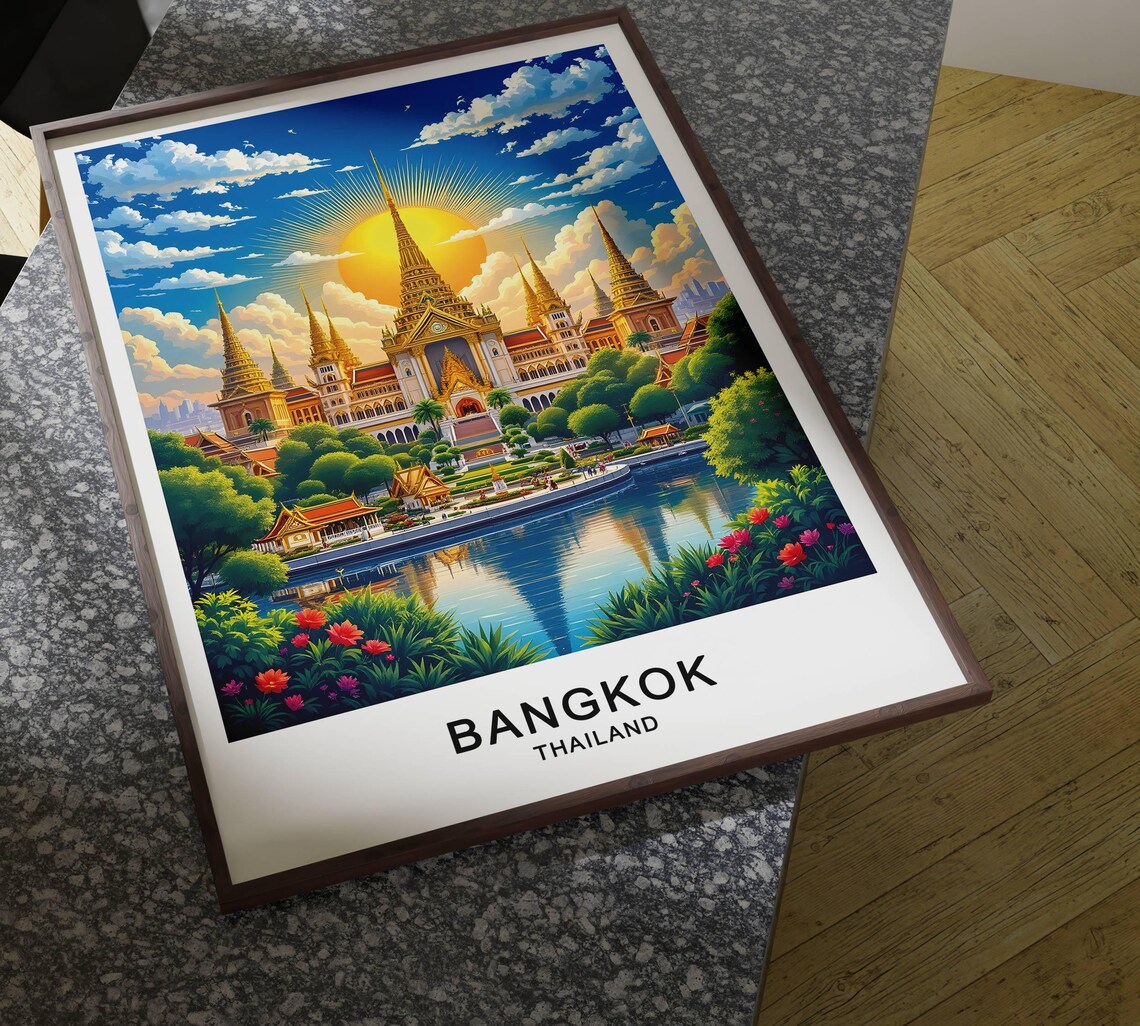 Bangkok Thailand Grand Temple Spires Lake Reflection Sunrise Poster - Image 4