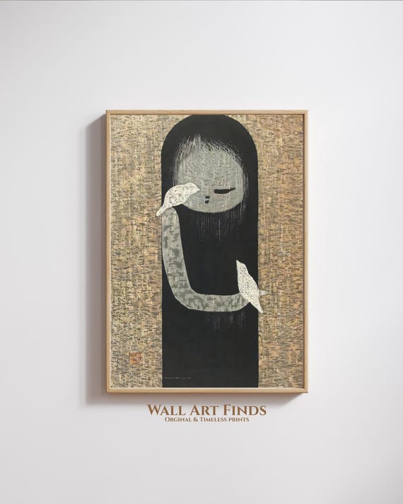 Modern Japanese Minimalist Art Girl With Birds Wabi Sabi Style Print Zen Wall Decor 300 Dpi