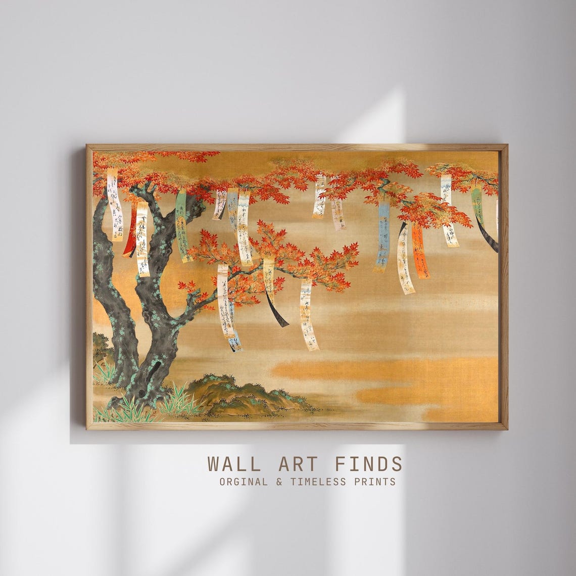 Japanese Autumn Red Maple Tree with Hanging Poem Strips Poster