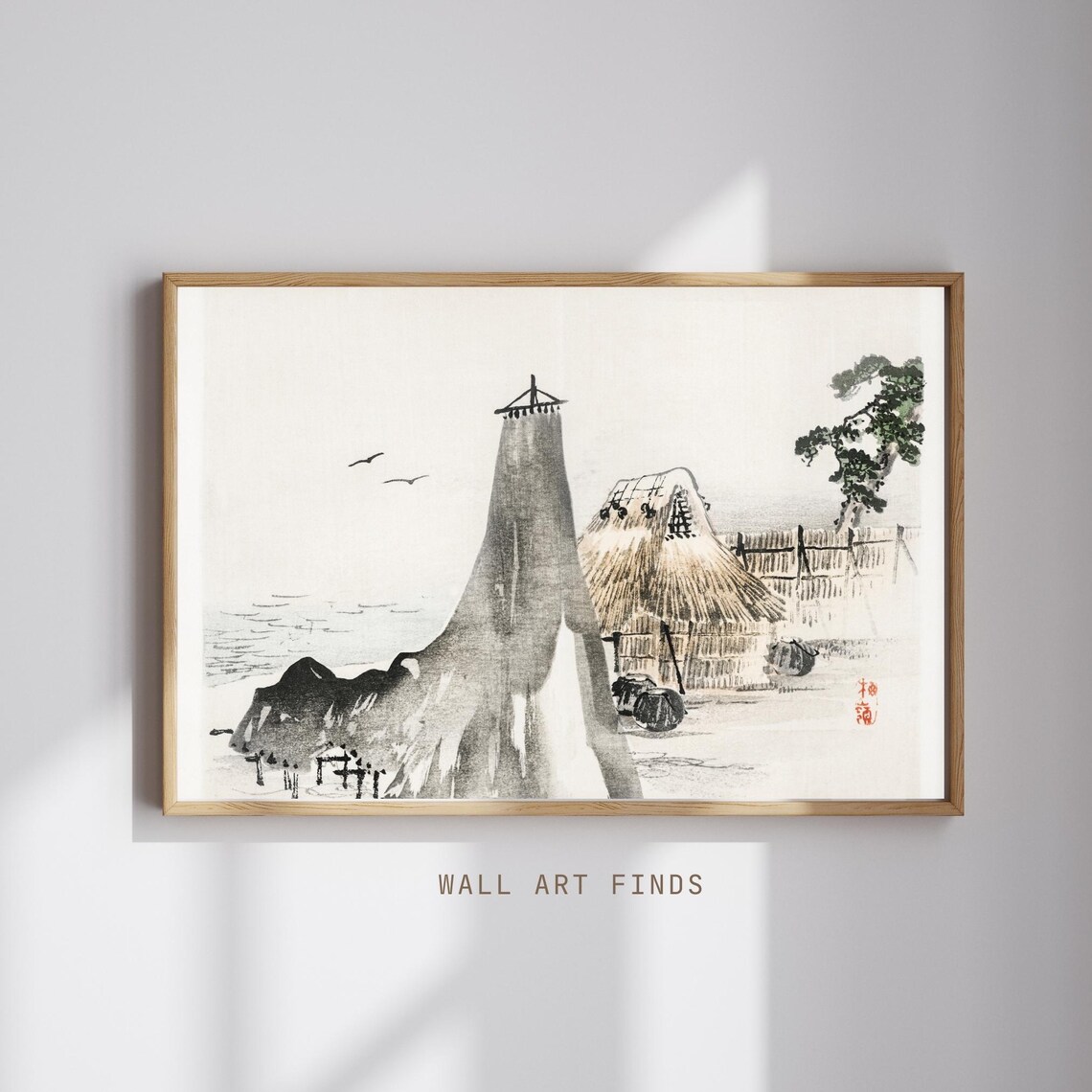 Vintage Japanese Coastal Village Cliff Ink Landscape Art Poster
