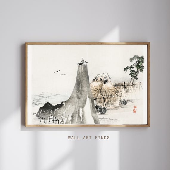 Kno Bairei Village Cliff Print Japanese Sumie Landscape Art Vintage Coastal Scene Minimalist Zen Wall Decor