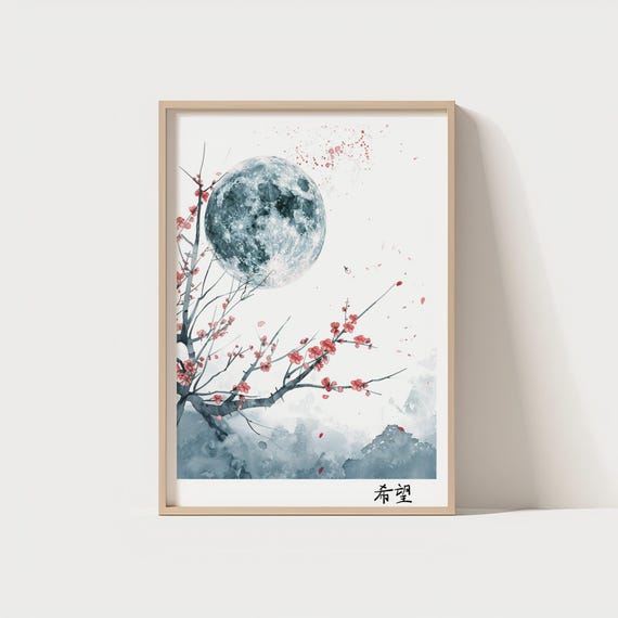 Japanese Wall Art Instant Moon Cherry Blossom Print Sumie Ink Painting Poster Oriental Night Artwork