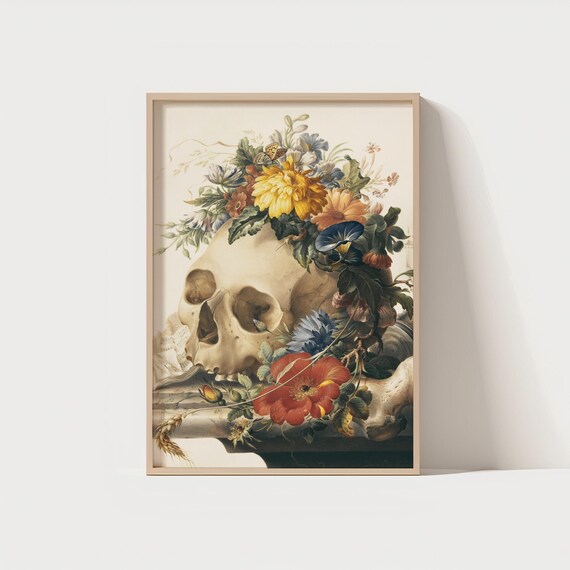 Baroque Vanitas Skull with Blooming Flowers Still Life Poster