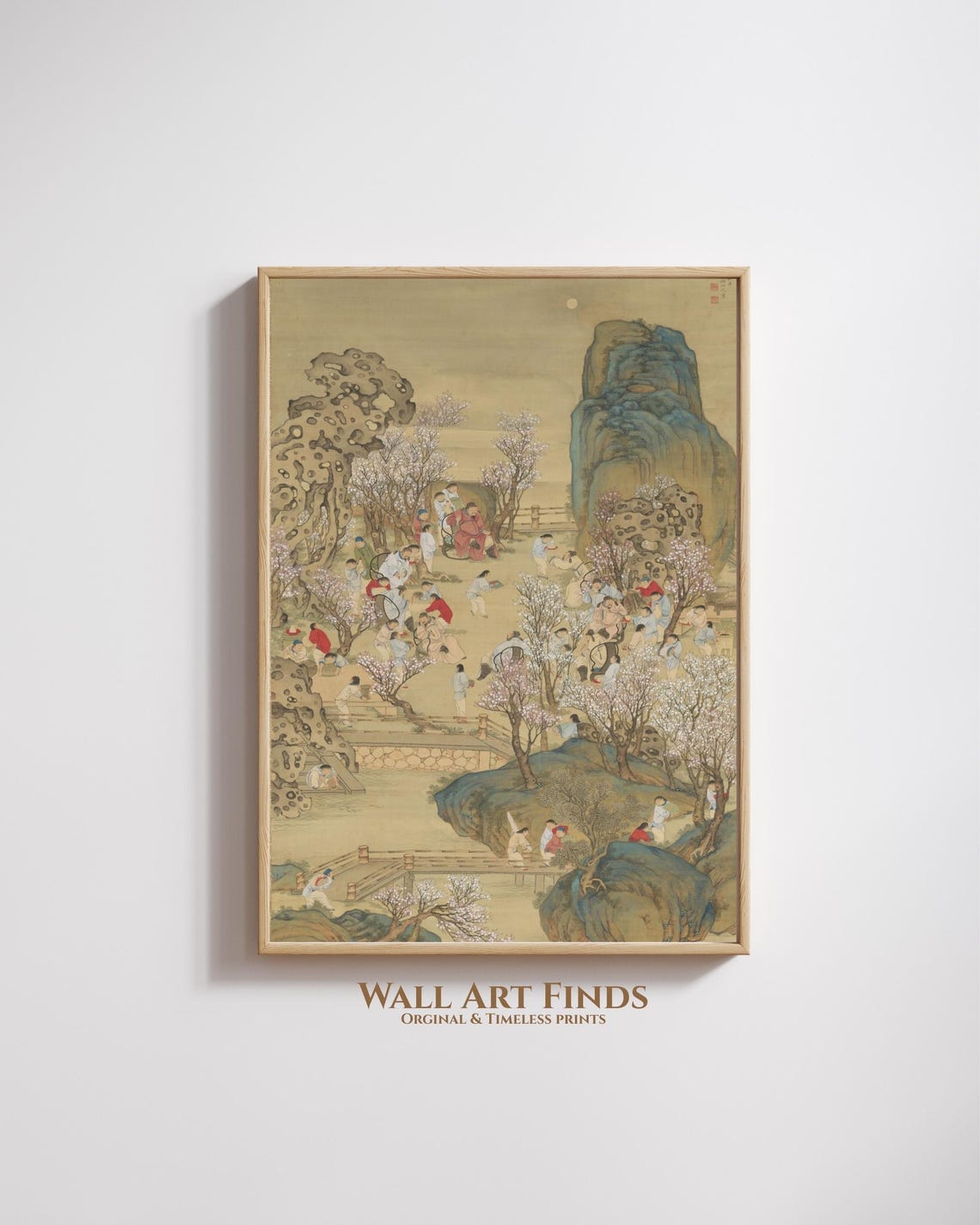 Antique Chinese Ink Landscape Poster Blossom Garden Figures Spring Art