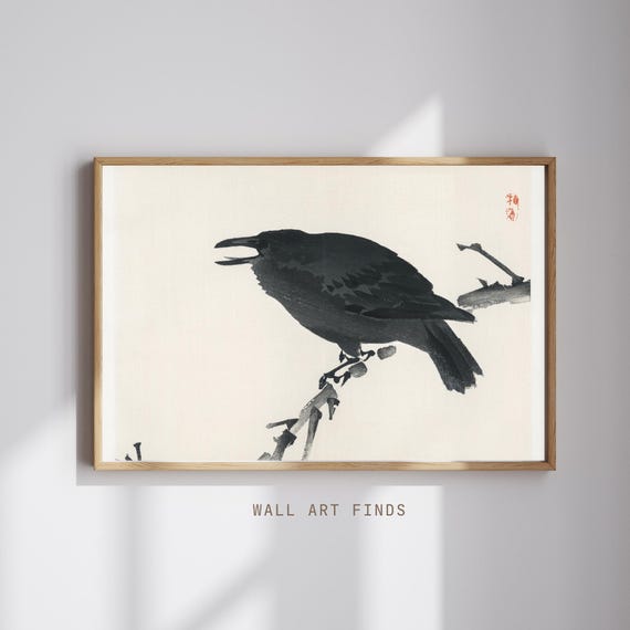 Kno Bairei Crow Print Japanese Sumie Bird Art Minimalist Ink Painting Dark Zen Wall Decor Vintage 300 Dpi