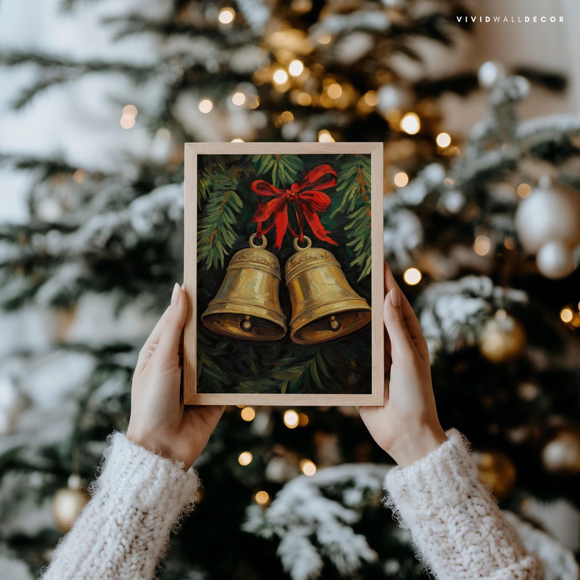 Golden Christmas Bells With Red Bow Hanging On Dark Pine Poster - Image 2
