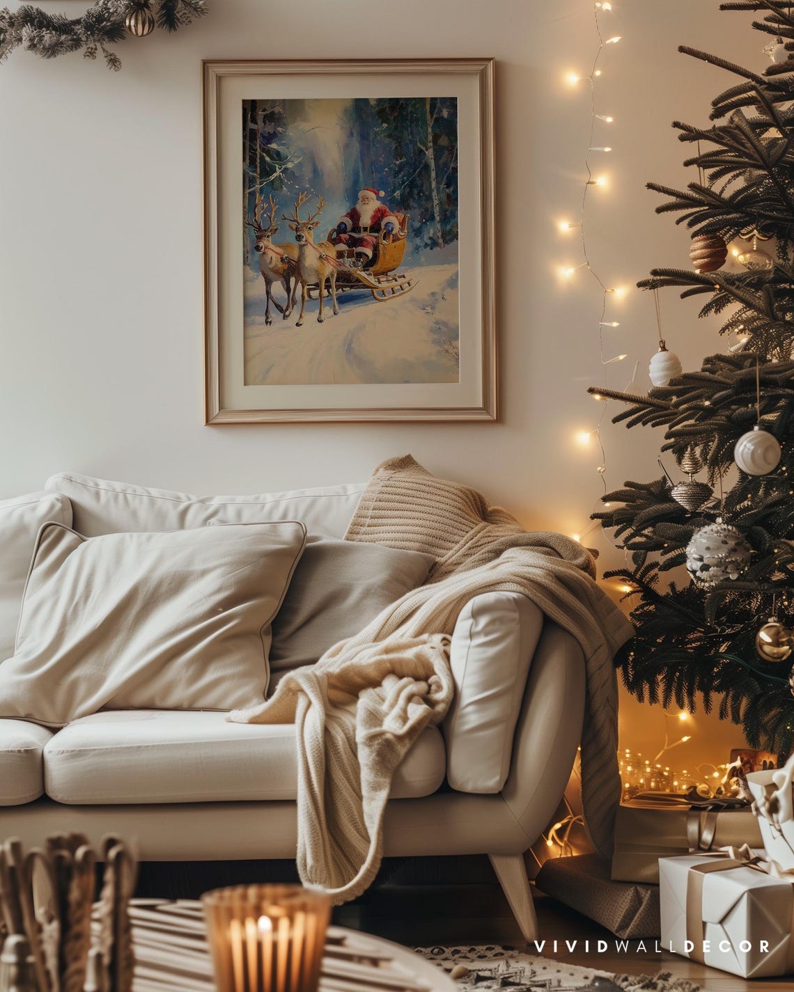 Santa In Sleigh With Two Reindeer Through Snowy Forest Poster - Image 4