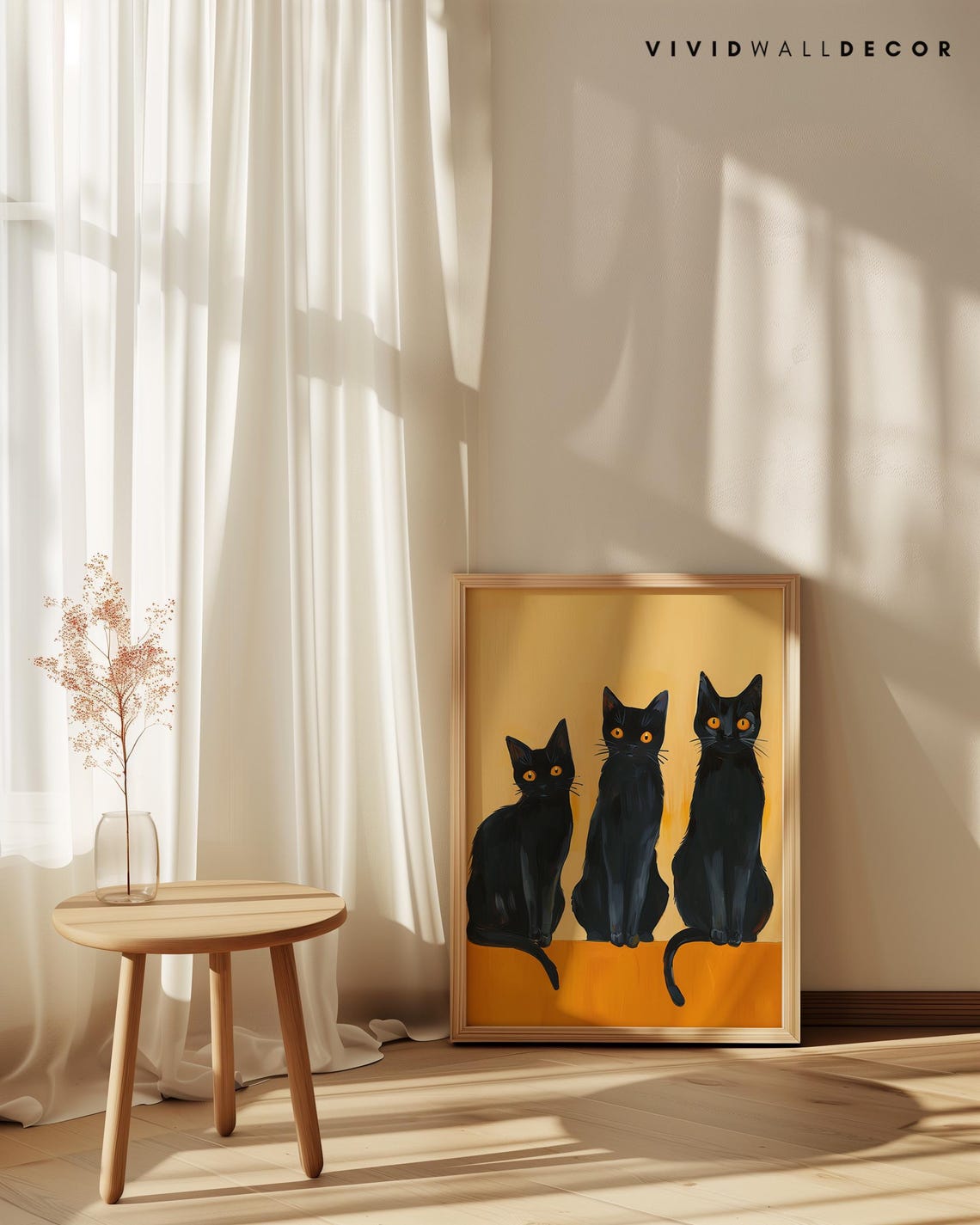 Three Black Cats Mustard Background Whimsical Feline Art Poster - Image 3