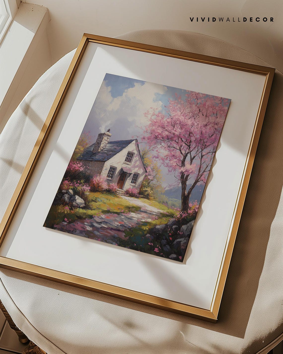 Charming Spring Cottage with Pink Blossom Tree Rustic Art Poster - Image 3