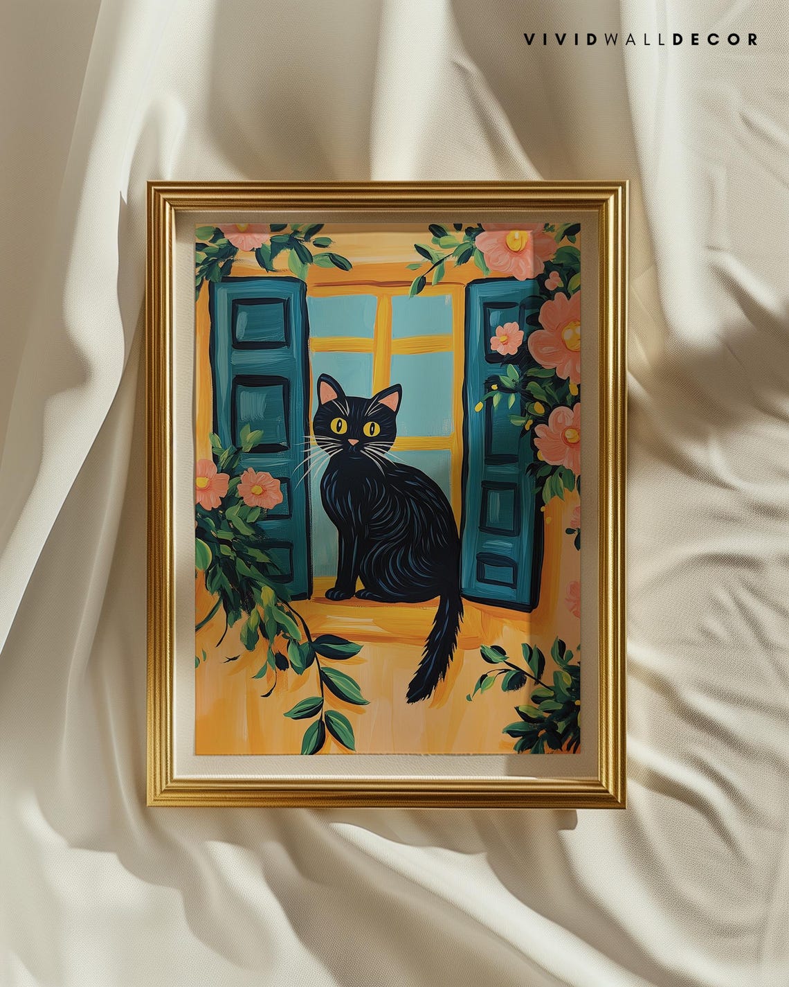 Black Cat on Sunny Mediterranean Window Sill Floral Art Poster - Image 2