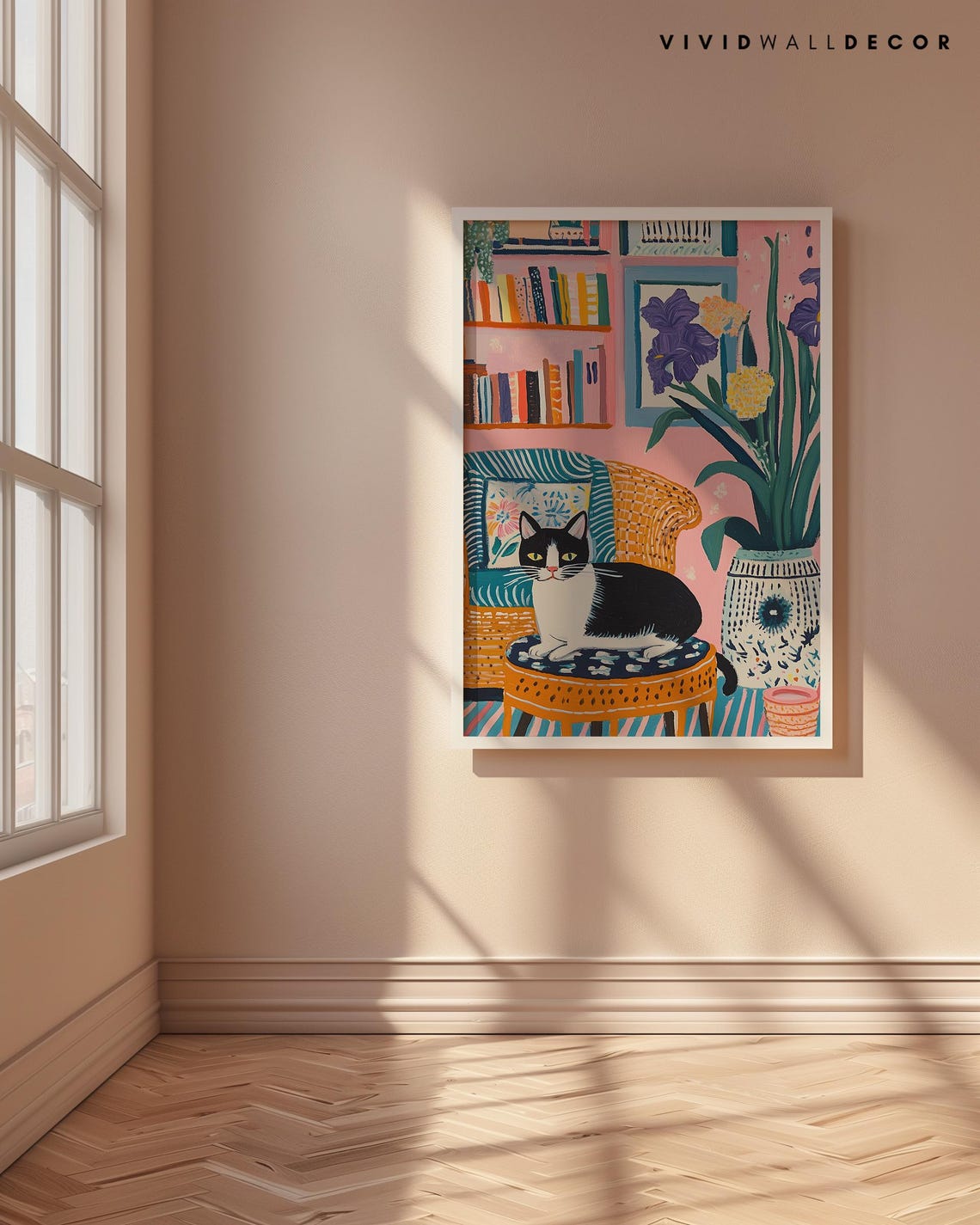 Matisse Inspired Tuxedo Cat in a Cozy Pink Reading Corner Poster - Image 4