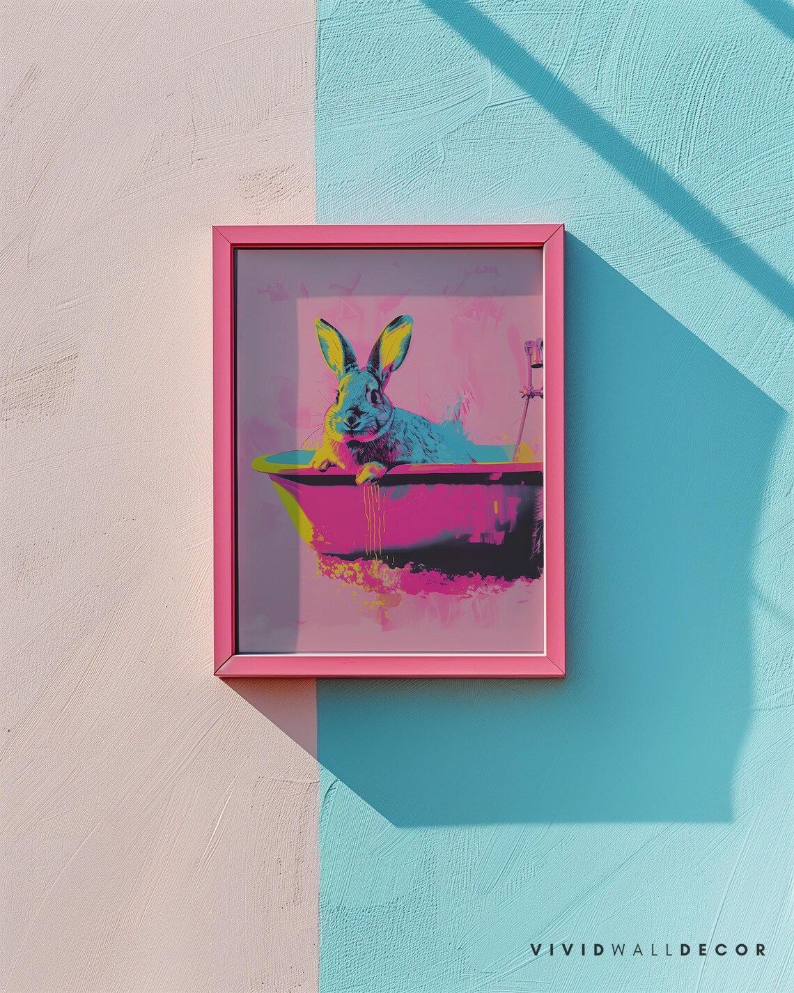 Bright Neon Bunny in Pink Bathtub Vibrant Pop Art Animal Poster - Image 2